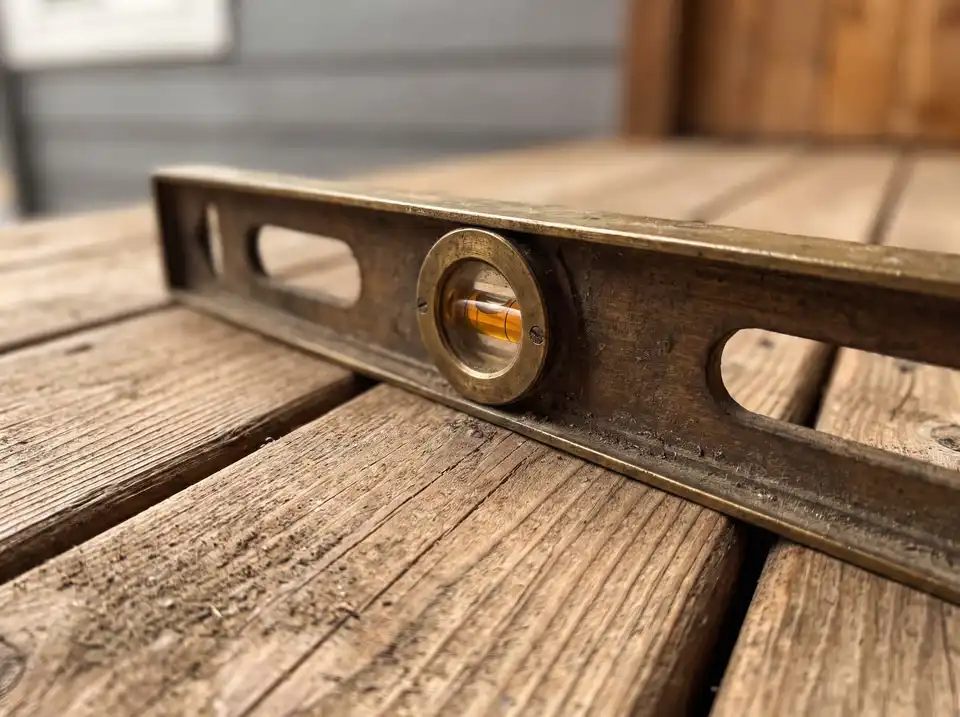 Deck boards with a spirit level laid diagonally across them to check for level.